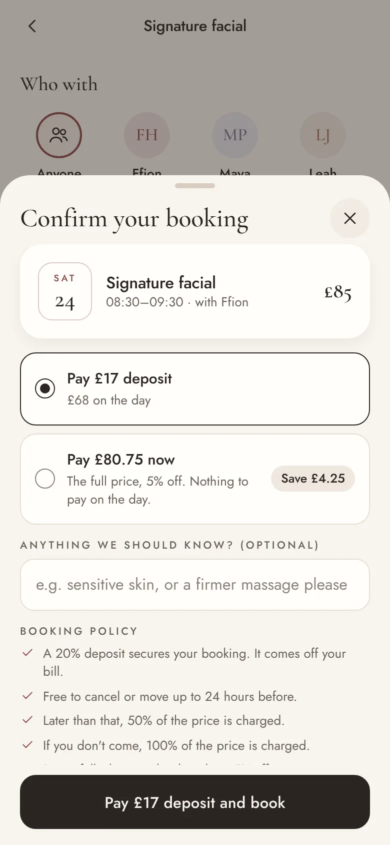 Confirming a Signature facial at Halcyon Spa: pay a £17 deposit, or £80.75 now and save £4.25