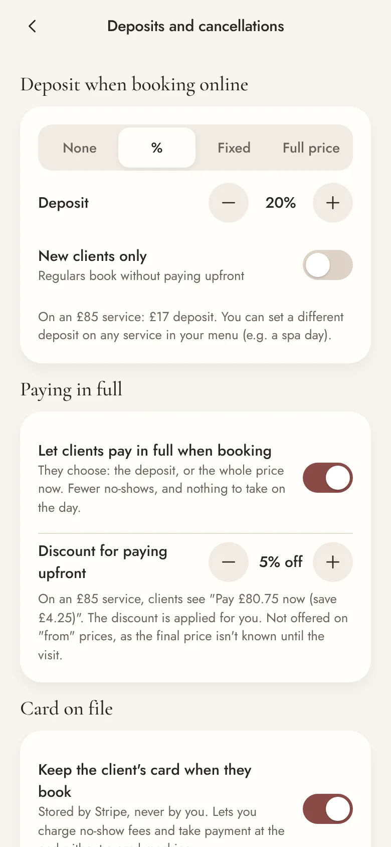 Deposits and cancellations settings: 20% deposit, pay in full with 5% off, card on file